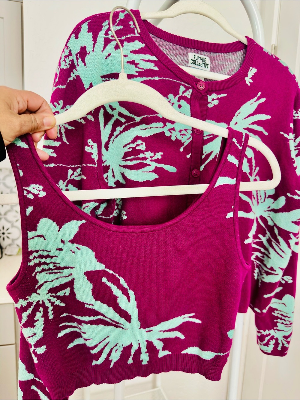 Future Collective Magenta Floral Knit Cropped Tank Camisole and Matching Sweater